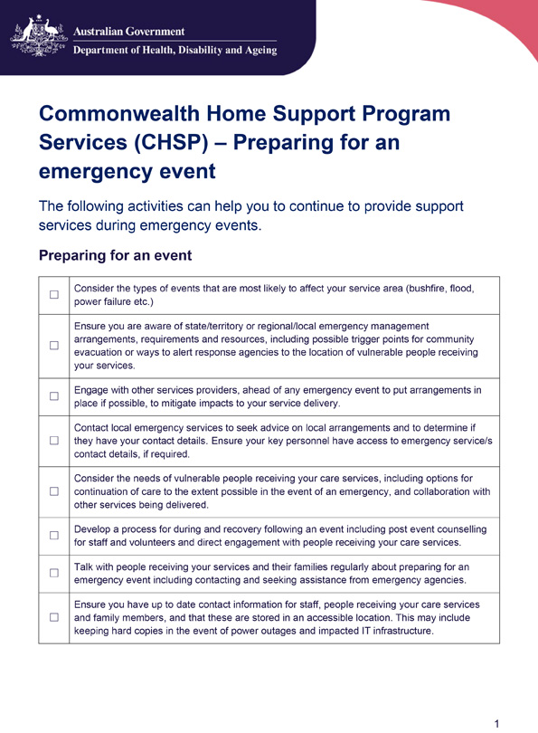 Commonwealth Home Support Program Services (CHSP) – Preparing for an emergency event