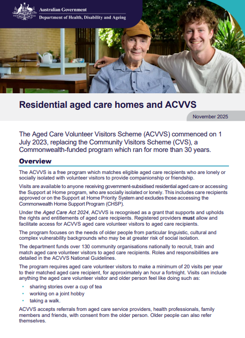 Residential aged care homes and ACVVS cover page