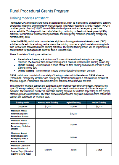 Rural Procedural Grants Program Training Models Fact sheet