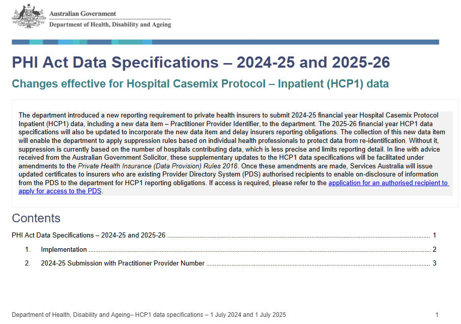 Cover page for the PHI Act Data Specifications – 2024-25 and 2025-26