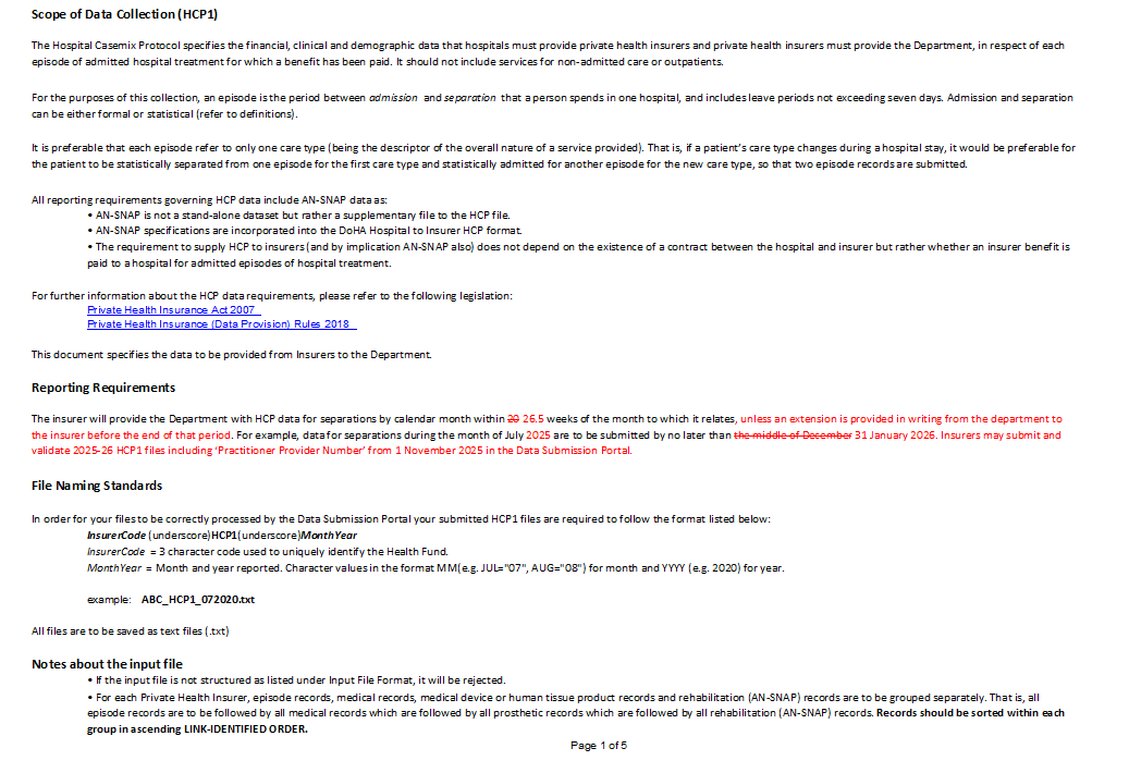 Cover page for the Supplementary HCP data specifications – HCP1 – Insurer to department – 2025–26