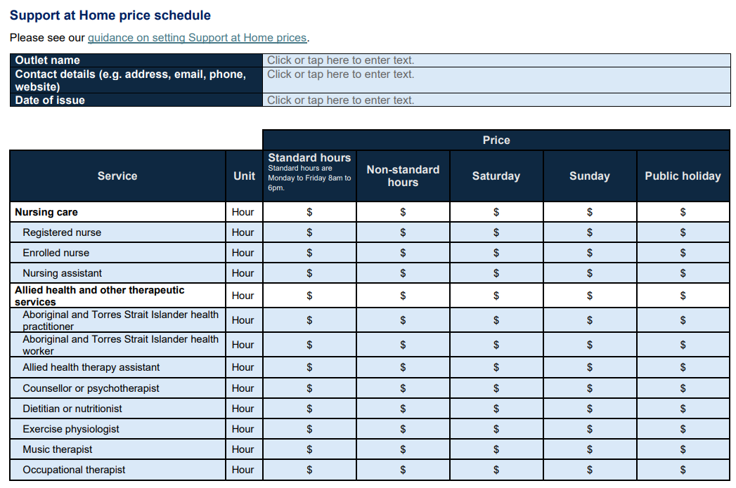 Support at Home price schedule cover page