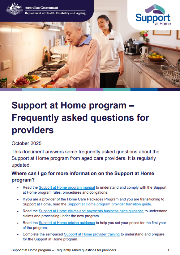 Support at Home – Frequently asked questions for providers cover page