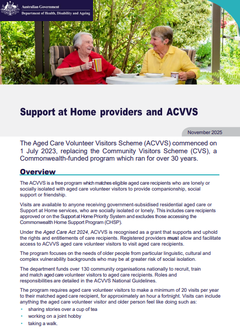 Cover page for the Support at Home providers and the Aged Care Volunteer Visitors Scheme (ACVVS).