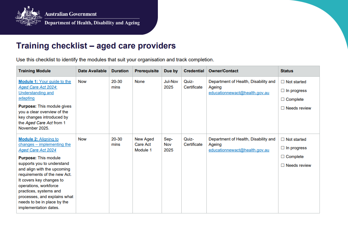 Training checklist – aged care providers (October update) cover page