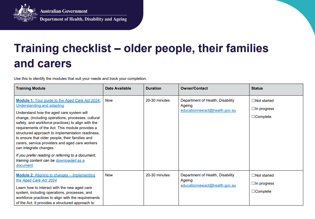 Training checklist – older people, their families and carers (October update) cover page