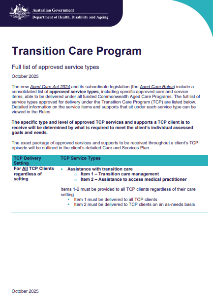 Transition Care Program – Full list of approved service types cover page
