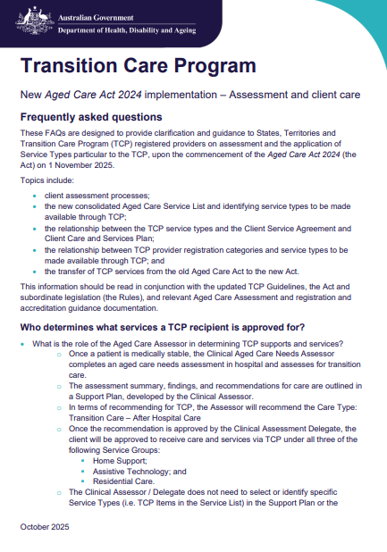 Transition Care Program New Aged Care Act 2024 implementation – Assessment and client care cover page