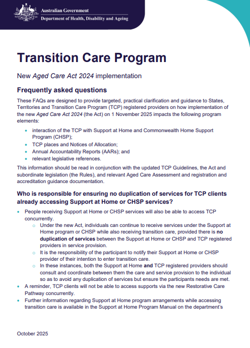Transition Care Program – New Aged Care Act 2024 implementation cover page