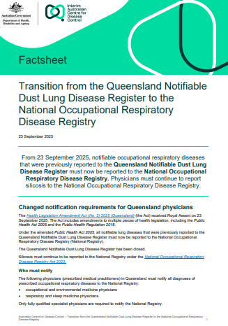 Cover page for the Queensland Notifiable Dust Lung Disease Register to the National Occupational Respiratory Disease Registry fact sheet