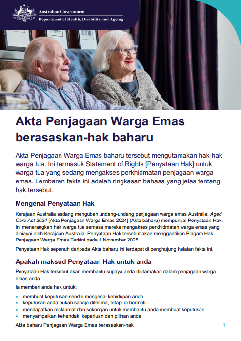 Cover page for the a new Aged Care Act for the rights of older people [Malay]
