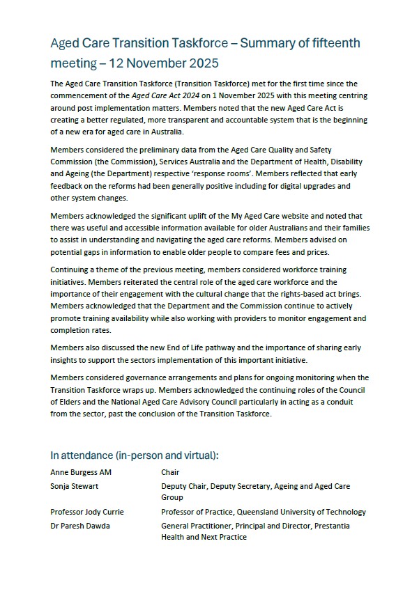 Image of the front page of Transition Taskforce Minutes of November 2025 meeting