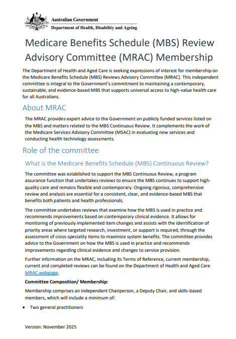 Cover page for the Medicare Benefits Schedule Review Advisory Committee (MRAC) member