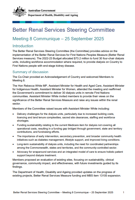 Better Renal Services Steering Committee communique – 25 September 2025 cover page