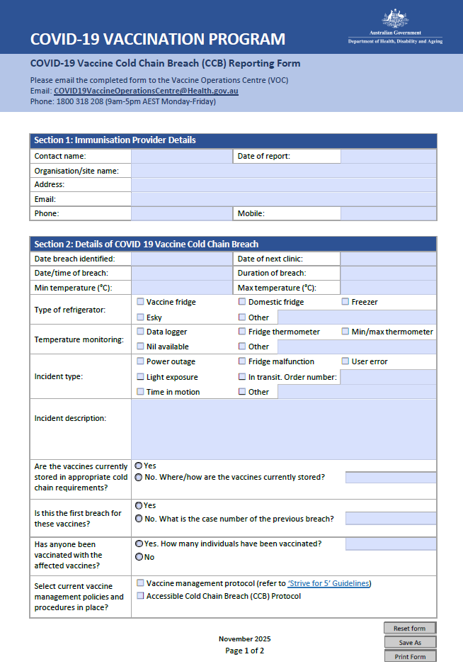 Cover page image of the COVID-19 Vaccine Cold Chain Breach (CCB) Reporting Form
