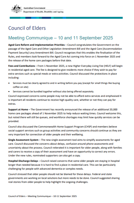 cover page for the Council of Elders communique – 10 and 11 September 2025
