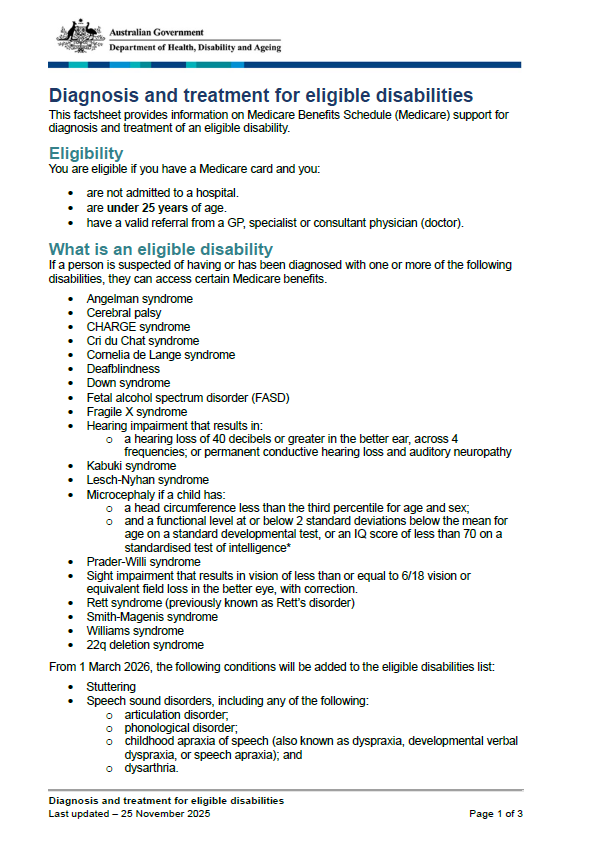 Cover page for the iagnosis and treatment for eligible disabilities fact sheet