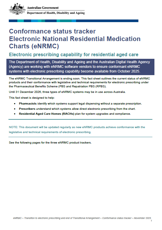 Cover page for the the eNRMC – Conformance status tracker fact sheet