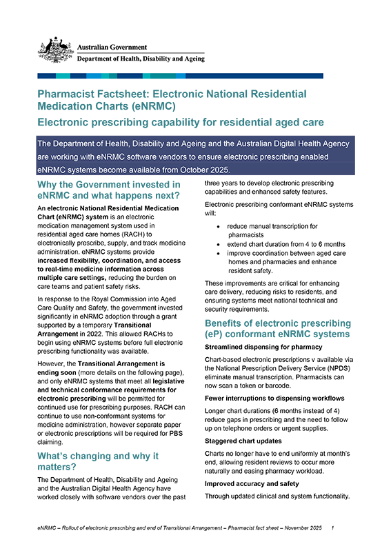THUMBNAIL: Electronic National Residential Medication Charts (eNRMC) – Pharmacist fact sheet