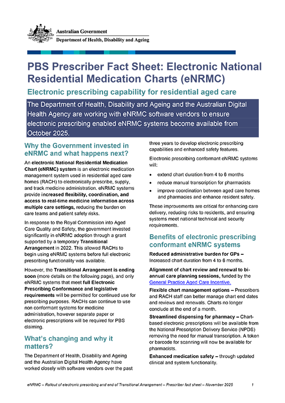 Thumbnail: Electronic National Residential Medication Charts (eNRMC) – Prescriber fact sheet