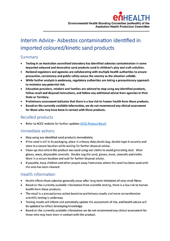 THUMBNAIL: enHealth Interim Advice – Asbestos contamination identified in imported coloured/kinetic sand products