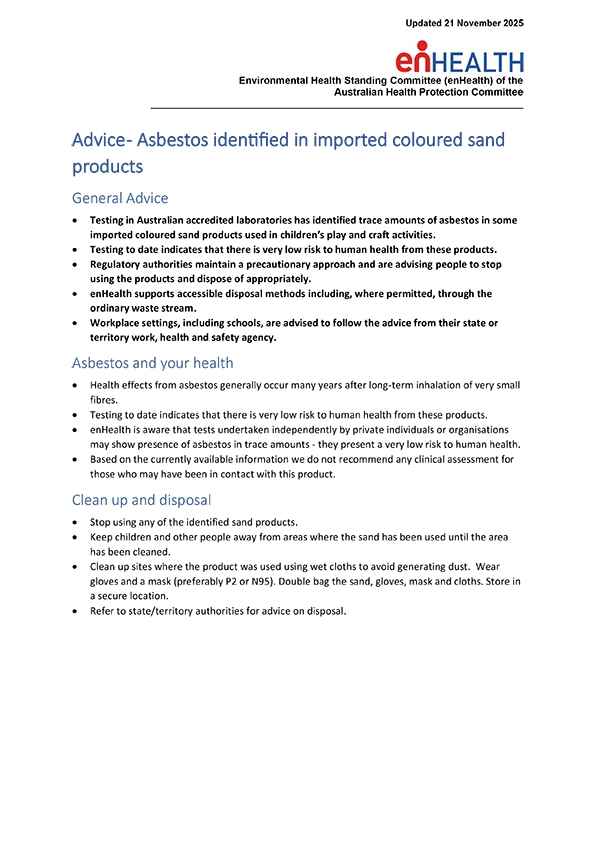 Thumbnail: Asbestos has been detected in some imported coloured sand used for children’s play and craft. Regulators and health agencies are acting to ensure safety. Stop using affected products, follow recall and disposal instructions. Current risk is very low; no clinical checks needed