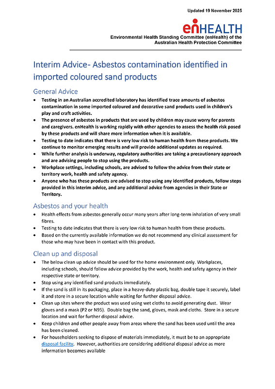 enHealth Interim Advice – Asbestos contamination identified in imported coloured sand products