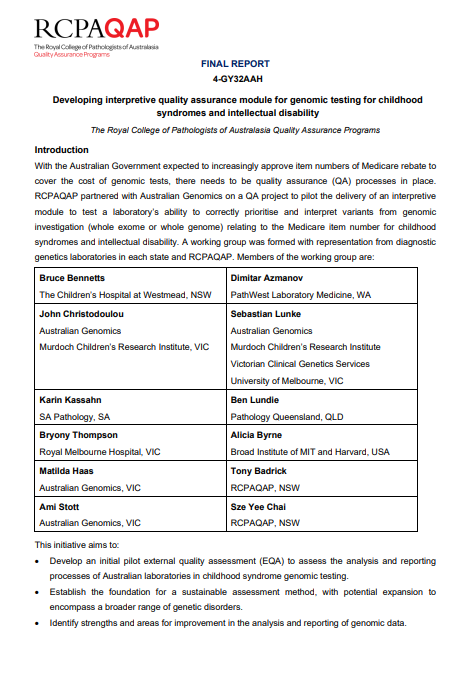Cover page for the Developing interpretive quality assurance module for genomic testing for childhood