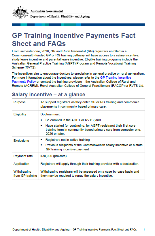 Cover page for the GP Training Incentive Payments Fact Sheet and FAQs