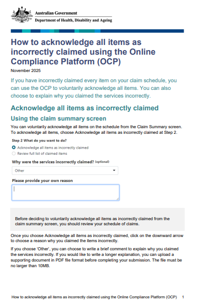 How to acknowledge all items as incorrectly claimed using the OCP cover page