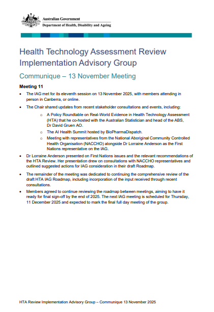 Cover page for the HTA Review Implementation Advisory Group communique