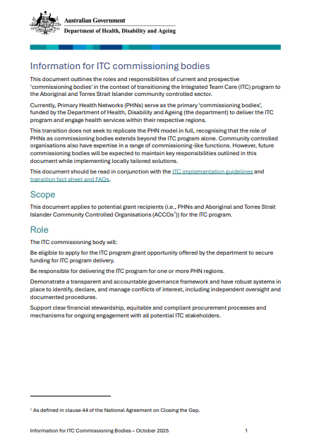 Cover page for the Information for ITC commissioning bodies