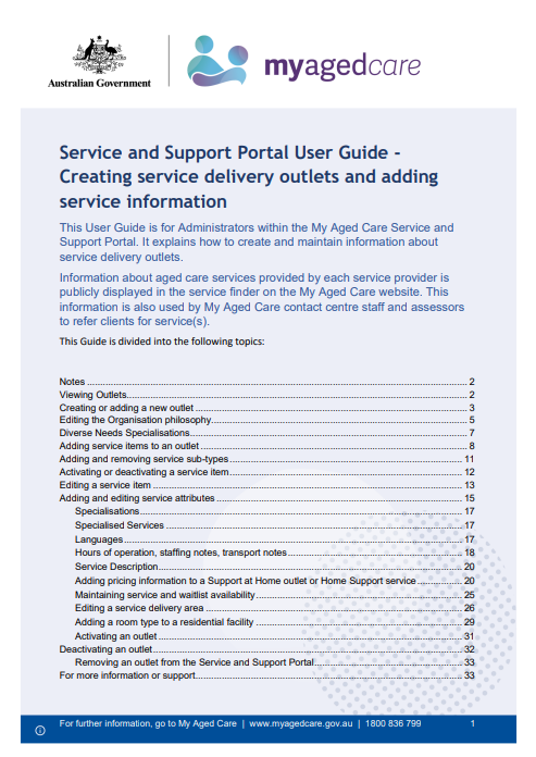 Cover page for the Service and Support Portal user guide – Creating service delivery outlets and adding service information