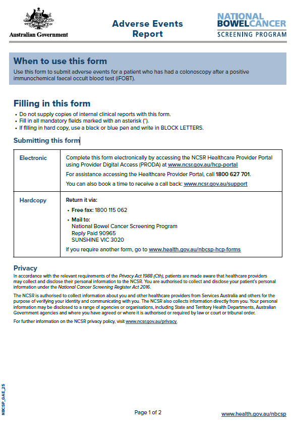 Cover image of the Adverse events form
