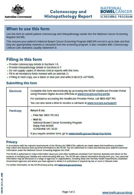 Cover image of the Colonoscopy and Histopathology form