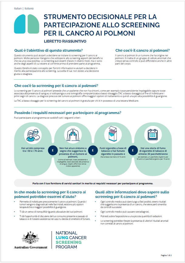 Programma nazionale di screening per il cancro ai polmoni – Strumento decisionale per la partecipazione allo screening per il cancro ai polmoni – Libretto riassuntivo