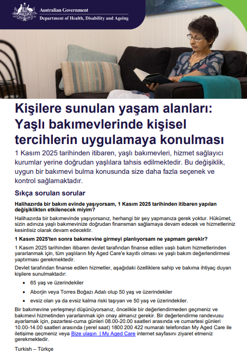 Turkish cover page for Places to people Fact sheet for older people