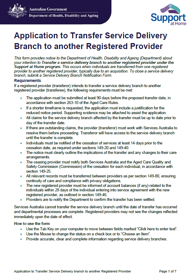 Application to Transfer Service Delivery Branch to another registered provider cover page