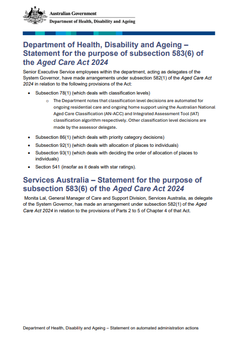 Image of the Statement for the purpose of subsection 583(6) of the Aged Care Act 2024