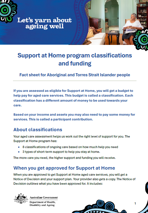 Cover page for the Support at Home program classifications and funding – Fact sheet for Aboriginal and Torres Strait Islander people