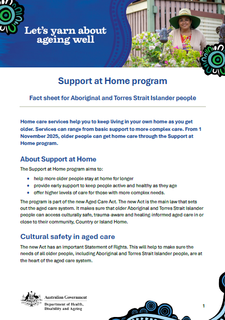 Support at Home program fact sheet for Aboriginal and Torres Strait Islander people cover image