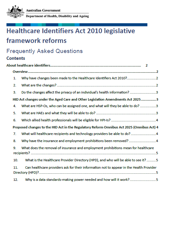Cover page for the Amendments to the Healthcare Identifiers Act 2010: Frequently Asked Questions