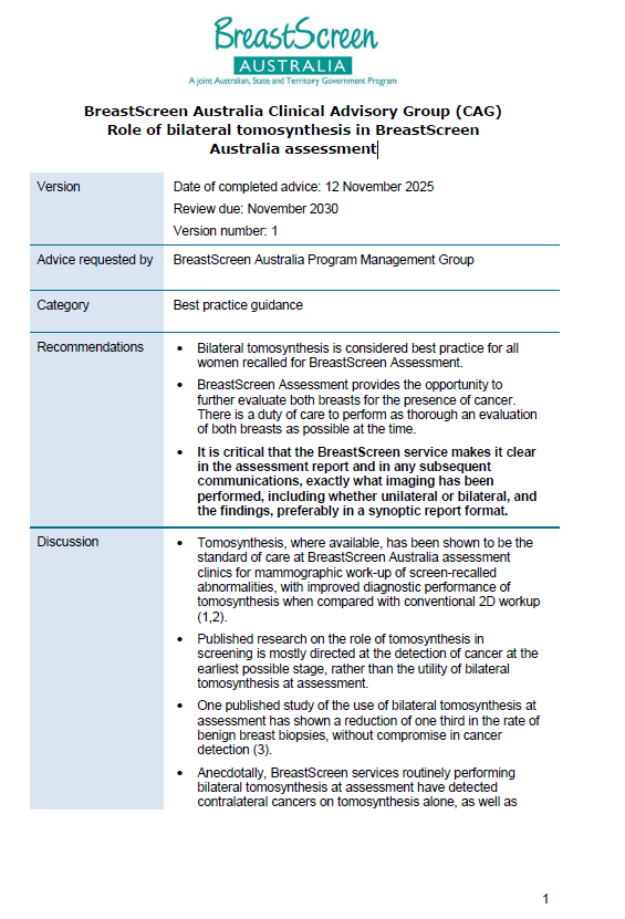 BreastScreen Australia Clinical Advisory Group advice on bilateral tomosynthesis cover page