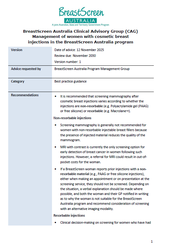 Management of women with cosmetic breast injections in BreastScreen Australia cover page