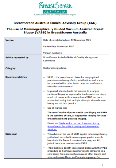 Cover page for the BreastScreen Australia Clinical Advisory Group (CAG) The use of Mammographically Guided Vacuum Assisted Breast Biopsy (VABB) in BreastScreen Australia