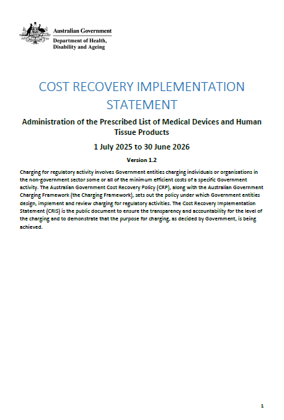 Cover page for the CRIS Administration of the Prescribed List of Medical Devices and Human Tissue Products