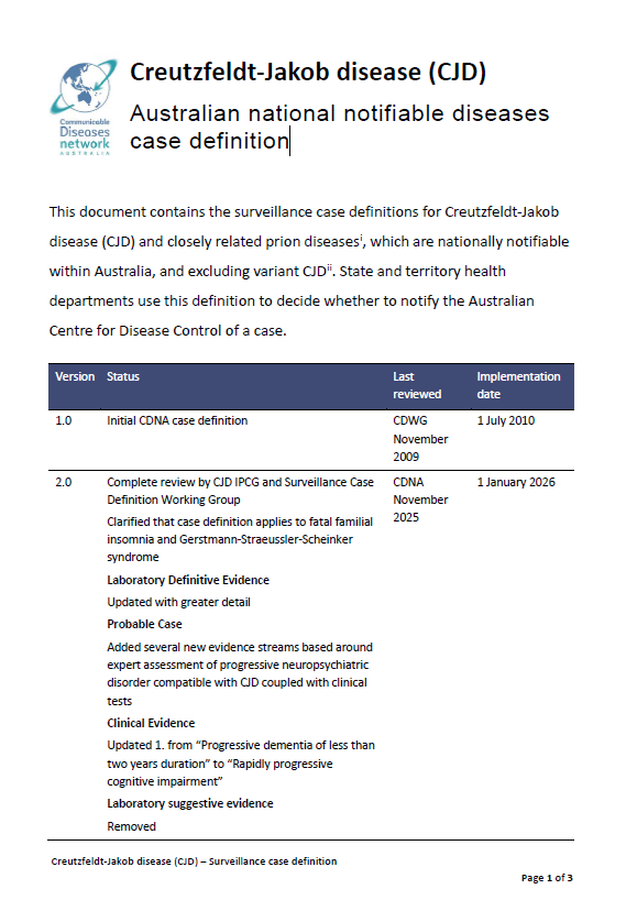 Cover page for the Creutzfeldt-Jakob disease (CJD) – Surveillance case definition