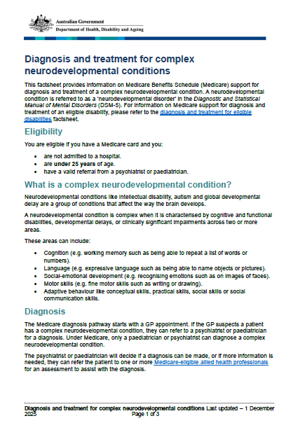 Cover page for the diagnosis and treatment for complex neurodevelopmental conditions