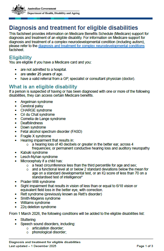 Cover page for the Diagnosis and treatment for eligible disabilities