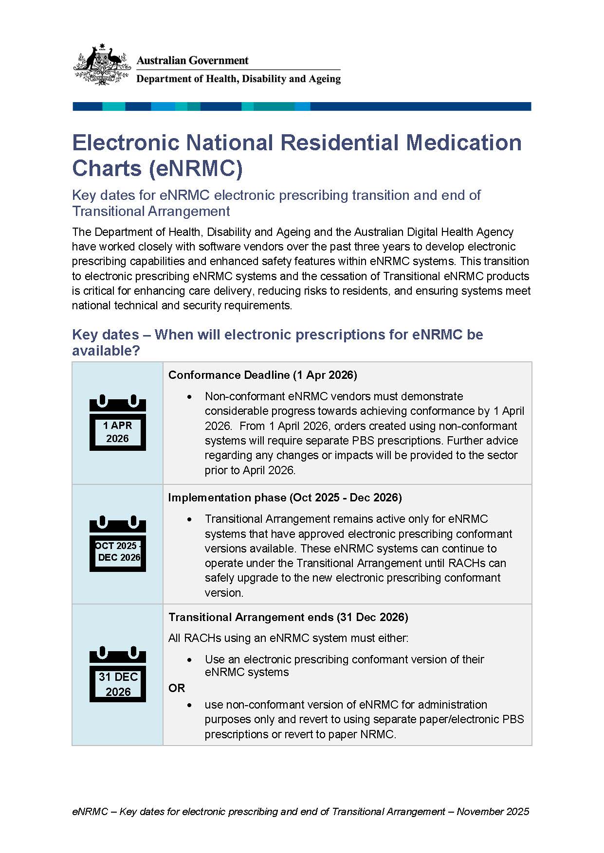 Cover page for the eNRMC Key dates for eNRMC electronic prescribing transition fact sheet